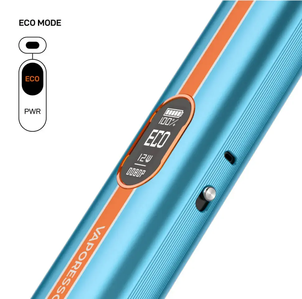 A close-up of the VAPORESSO VIBE in ECO MODE, demonstrating the Axon Chip's smart output for extended battery life and a smoother draw.